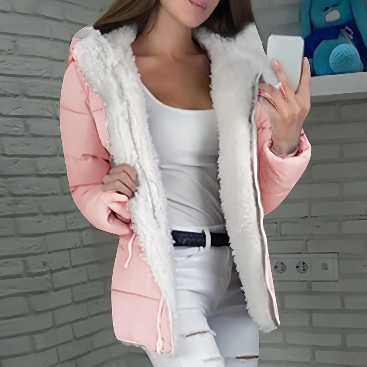 Canbebig Women's Faux Shearling Lined Full Zip Hooded Jacket Fluffy Fuzzy Fleece Sherpa Padded Coat Winter Outerwear Pockets