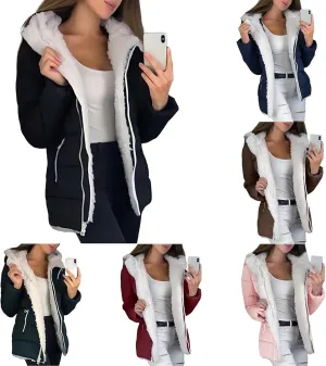 Canbebig Women's Faux Shearling Lined Full Zip Hooded Jacket Fluffy Fuzzy Fleece Sherpa Padded Coat Winter Outerwear Pockets