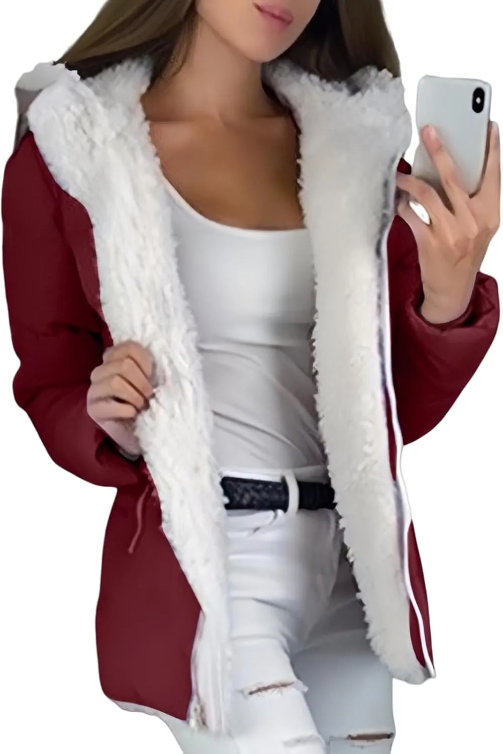 Canbebig Women's Faux Shearling Lined Full Zip Hooded Jacket Fluffy Fuzzy Fleece Sherpa Padded Coat Winter Outerwear Pockets