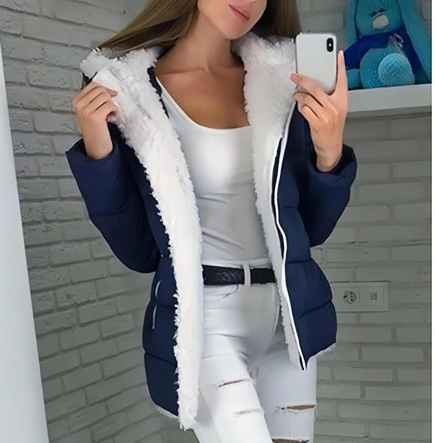 Canbebig Women's Faux Shearling Lined Full Zip Hooded Jacket Fluffy Fuzzy Fleece Sherpa Padded Coat Winter Outerwear Pockets