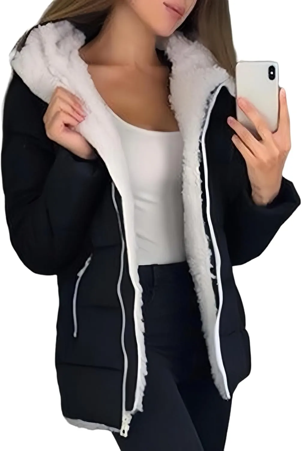 Canbebig Women's Faux Shearling Lined Full Zip Hooded Jacket Fluffy Fuzzy Fleece Sherpa Padded Coat Winter Outerwear Pockets