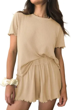 Canbebig Womens Loungewear Sets Ribbed Knit Pajamas Sets Short Sleeve Tops and Shorts Sets Matching Sets Casual Sleepwear