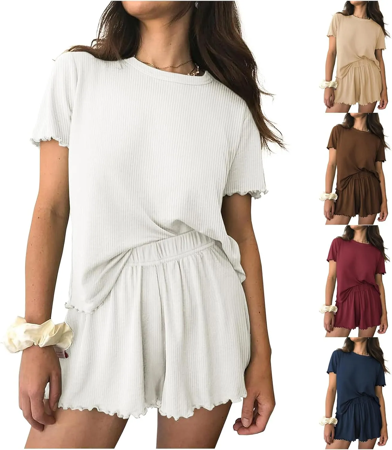 Canbebig Womens Loungewear Sets Ribbed Knit Pajamas Sets Short Sleeve Tops and Shorts Sets Matching Sets Casual Sleepwear