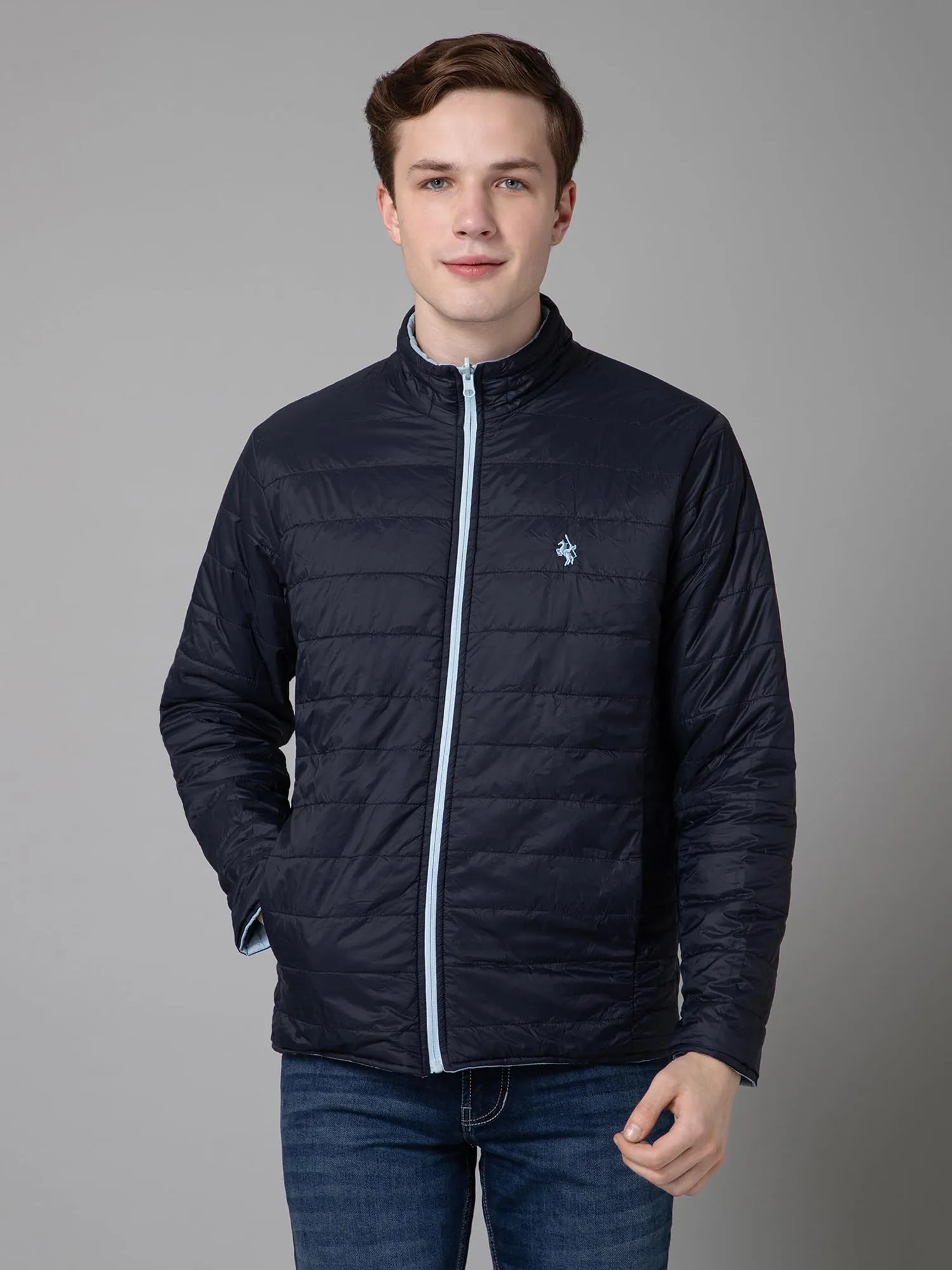 Cantabil Solid Reversible Full Sleeves Mock collar Regular Fit Mens Casual Jacket | Casual Winter Jackets for Men | Mens Jackets for Winter Wear (MJKT00148_SKY_M)