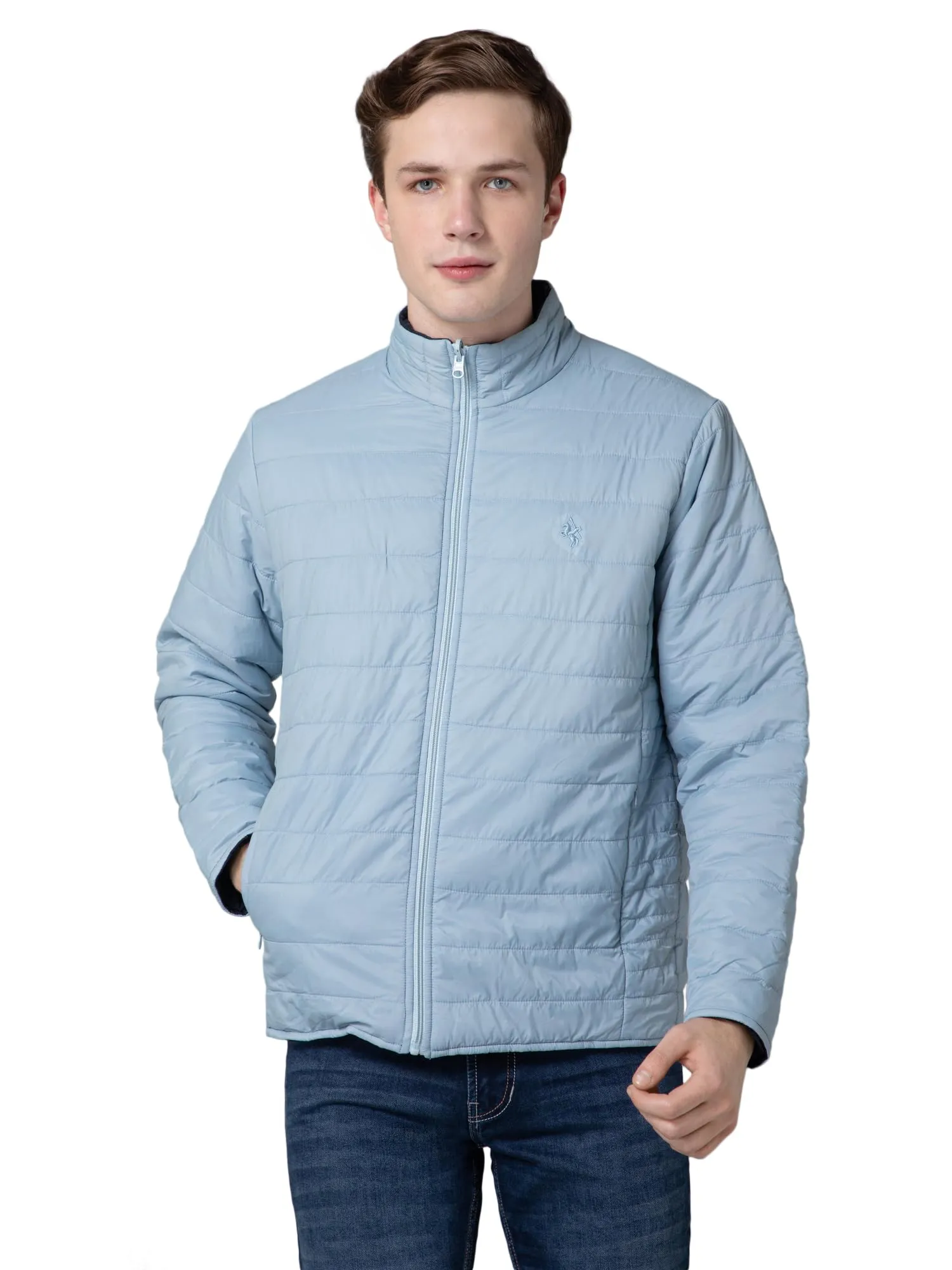 Cantabil Solid Reversible Full Sleeves Mock collar Regular Fit Mens Casual Jacket | Casual Winter Jackets for Men | Mens Jackets for Winter Wear (MJKT00148_SKY_M)