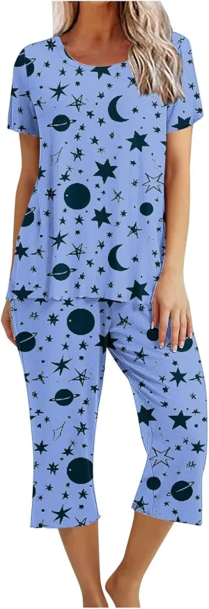 Capri Pajamas for Women 2-Piece Pants Pjs Short Sleeve Loungewear Tops & Capri Pants Set Print Lounge Sleepwear