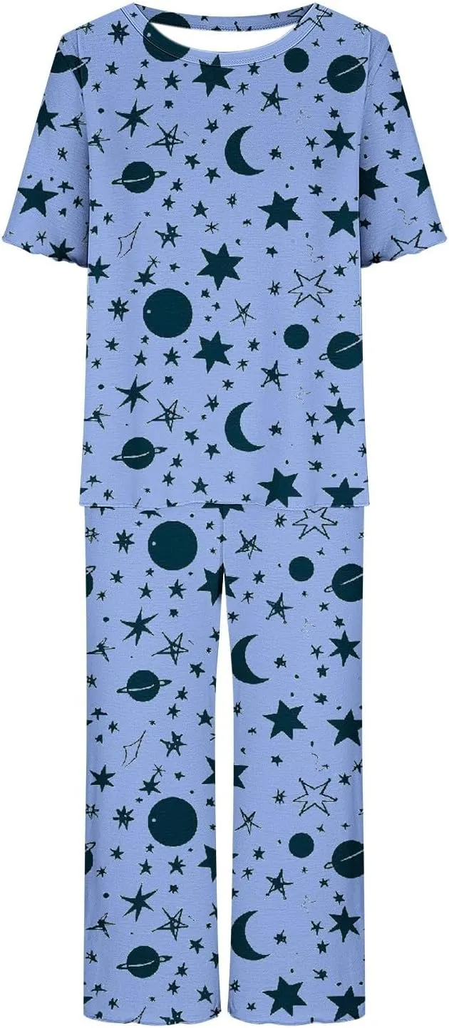Capri Pajamas for Women 2-Piece Pants Pjs Short Sleeve Loungewear Tops & Capri Pants Set Print Lounge Sleepwear