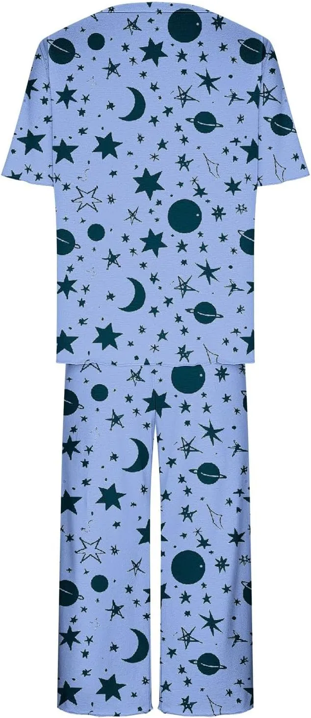 Capri Pajamas for Women 2-Piece Pants Pjs Short Sleeve Loungewear Tops & Capri Pants Set Print Lounge Sleepwear
