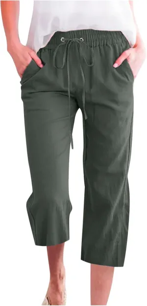 Capri Pants for Women Casual 2025 Summer Drawstring Elastic Waist Linen Pant Straight Wide Leg Pocket Cropped Trouser