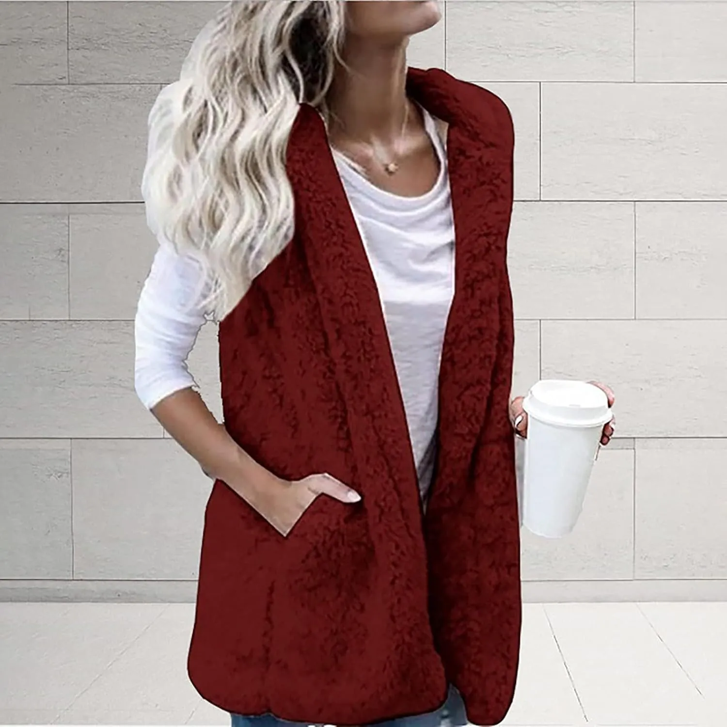 Cardigan for Women Fuzzy Fleece Hooded Sherpa Jackets Open Front Sleeveless Sweater Vest Warm Quilted Coat Pockets