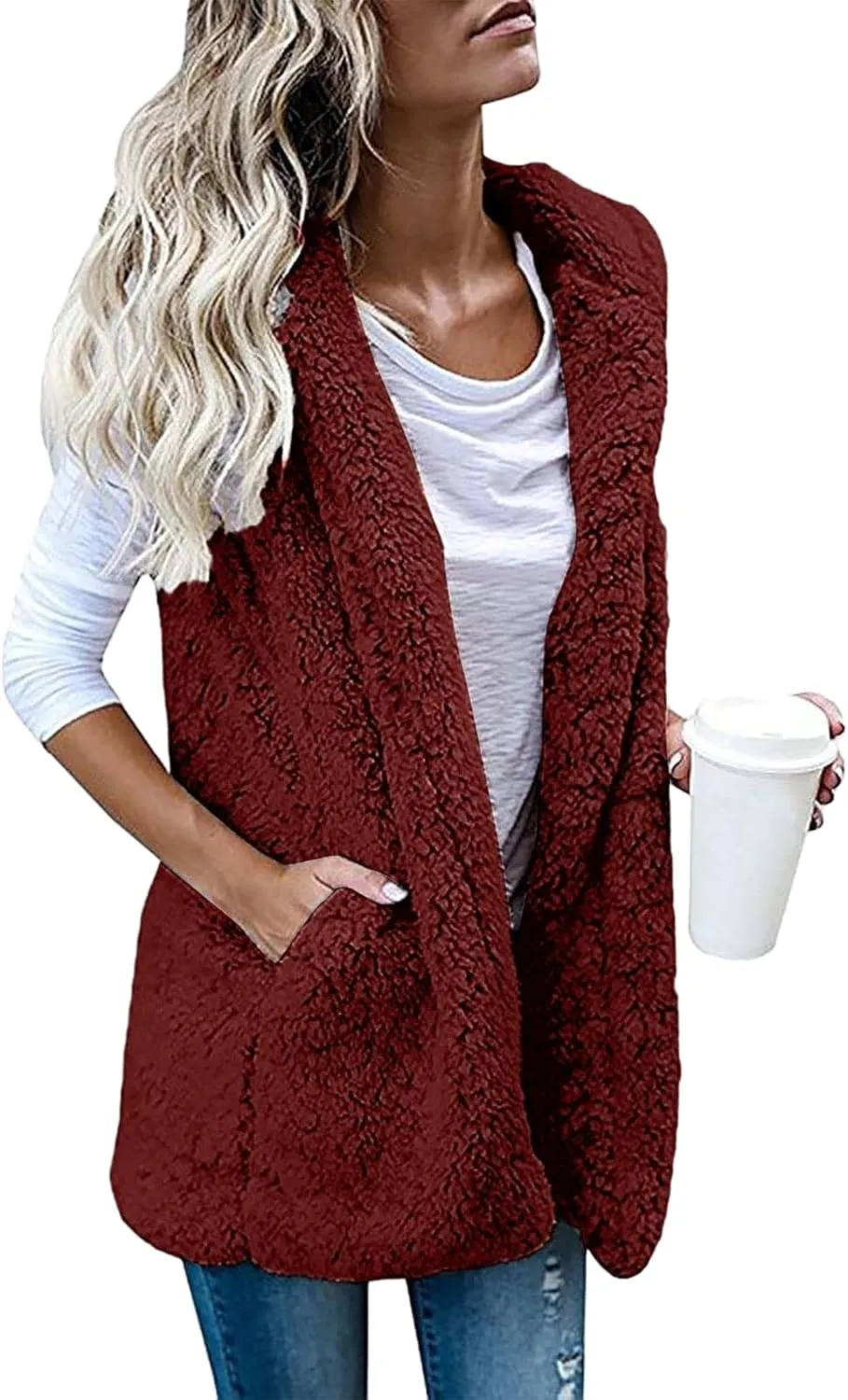 Cardigan for Women Fuzzy Fleece Hooded Sherpa Jackets Open Front Sleeveless Sweater Vest Warm Quilted Coat Pockets