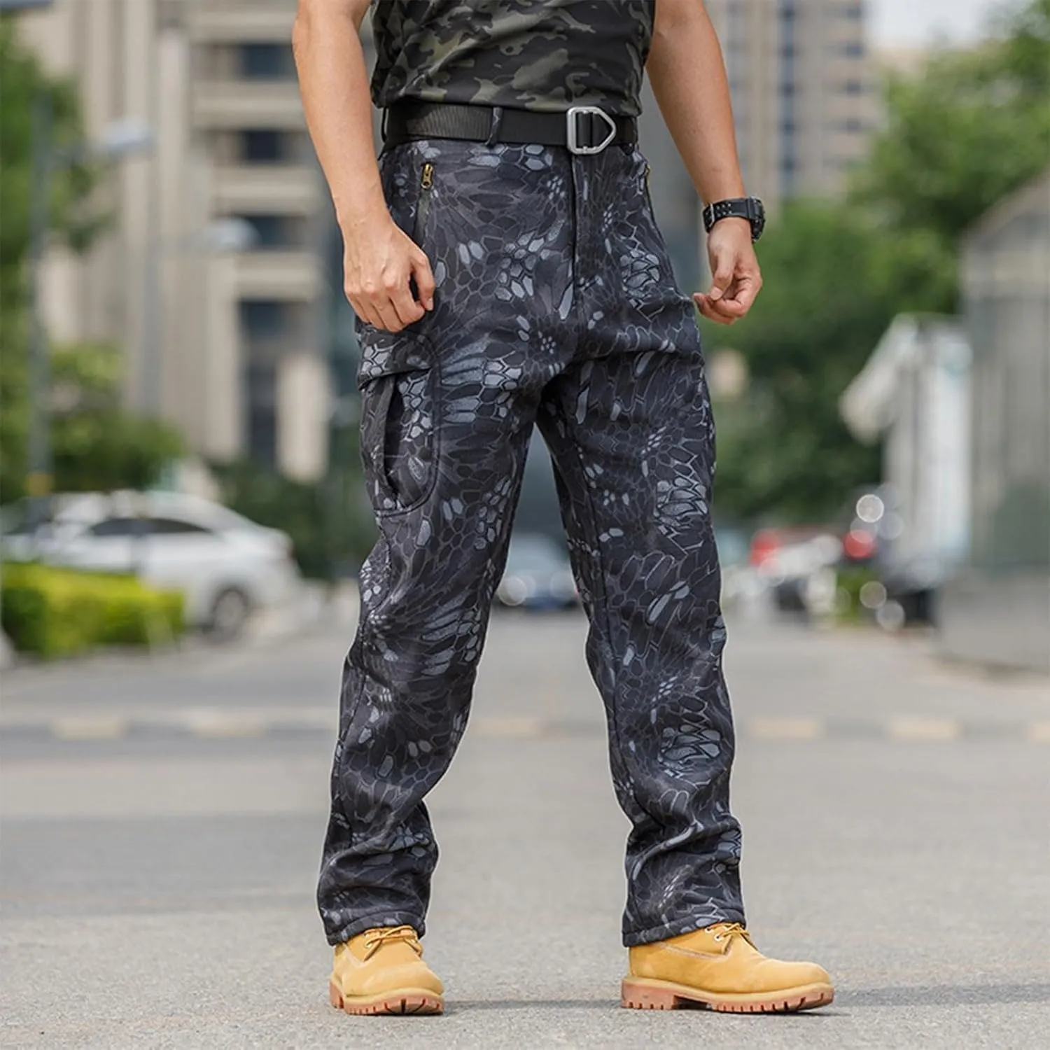 Cargo Pants for Men Warm Fleece Lined Pants Military Tactical Camo Pants Waterproof Stretch Hiking Outdoor Pants