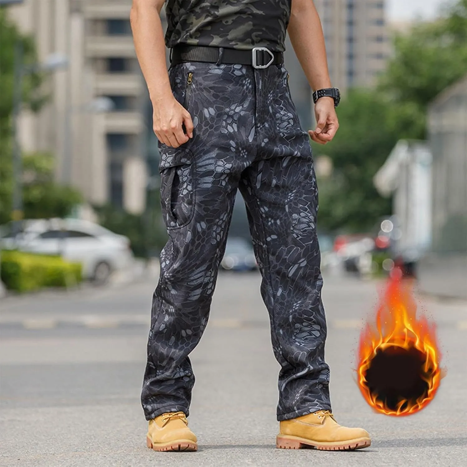 Cargo Pants for Men Warm Fleece Lined Pants Military Tactical Camo Pants Waterproof Stretch Hiking Outdoor Pants