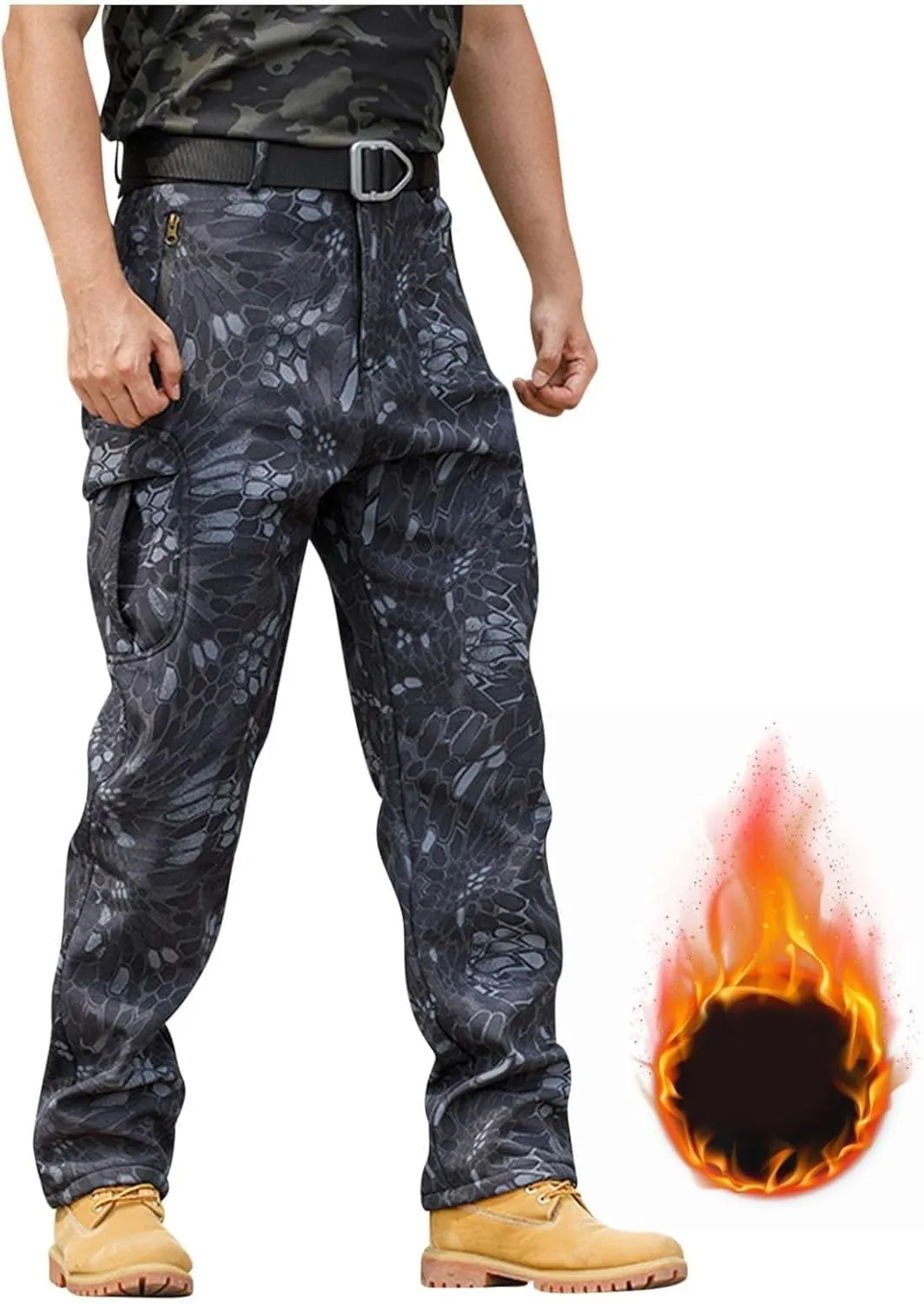 Cargo Pants for Men Warm Fleece Lined Pants Military Tactical Camo Pants Waterproof Stretch Hiking Outdoor Pants