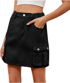 Cargo Skirt Women y2k Button Mini Jeans Skirt Denim Skirt with Pocket High Waist Stretch Casual A-line Jean Skirts