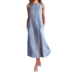 Casual Dress Women Summer Sleeveless Striped Dress Crew Neck Linen Long Dress Evening Party Dress with Pocket