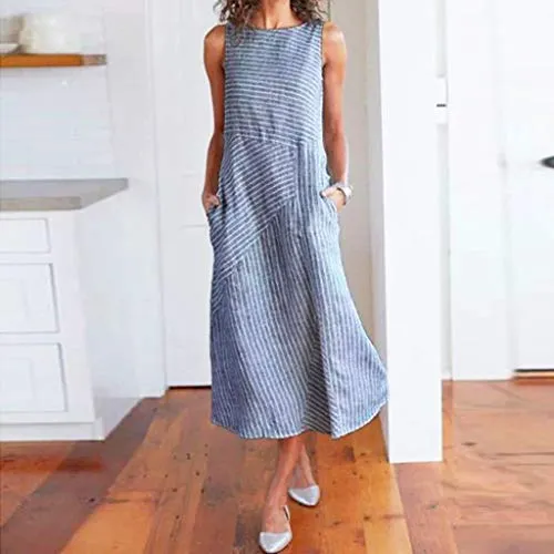 Casual Dress Women Summer Sleeveless Striped Dress Crew Neck Linen Long Dress Evening Party Dress with Pocket