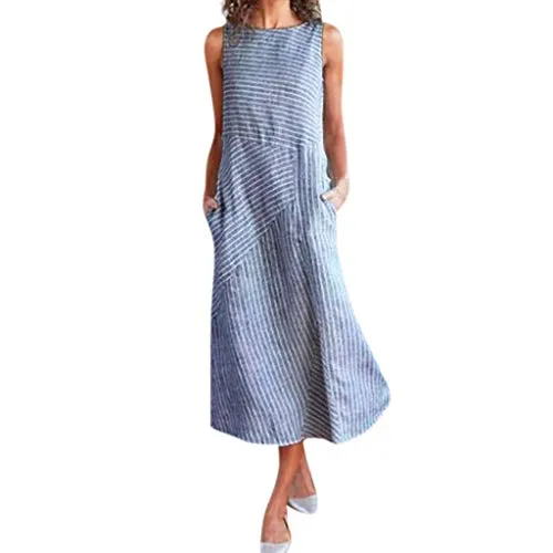 Casual Dress Women Summer Sleeveless Striped Dress Crew Neck Linen Long Dress Evening Party Dress with Pocket