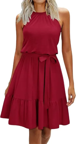 Casual Midi Dress for Women Summer Loose Crewneck Sleeveless Tank Dresses Elegant Lace Up Layed Ruffle Hem Sundress