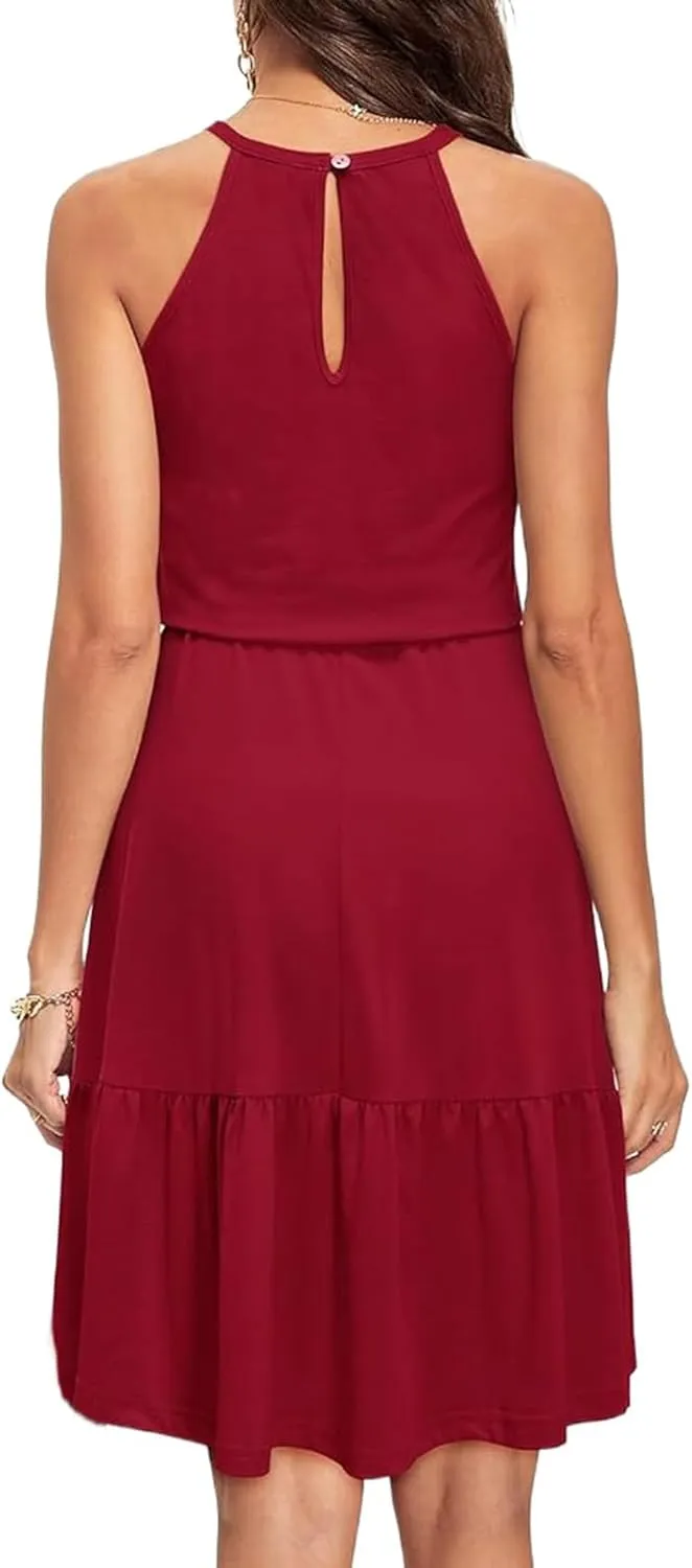 Casual Midi Dress for Women Summer Loose Crewneck Sleeveless Tank Dresses Elegant Lace Up Layed Ruffle Hem Sundress