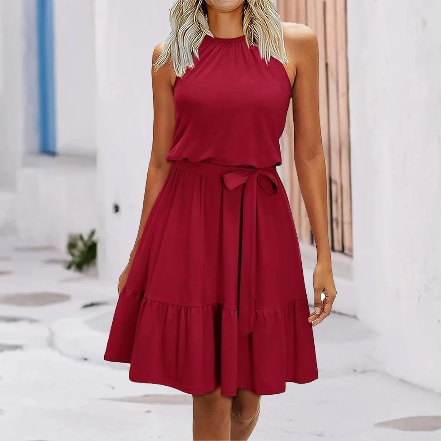 Casual Midi Dress for Women Summer Loose Crewneck Sleeveless Tank Dresses Elegant Lace Up Layed Ruffle Hem Sundress