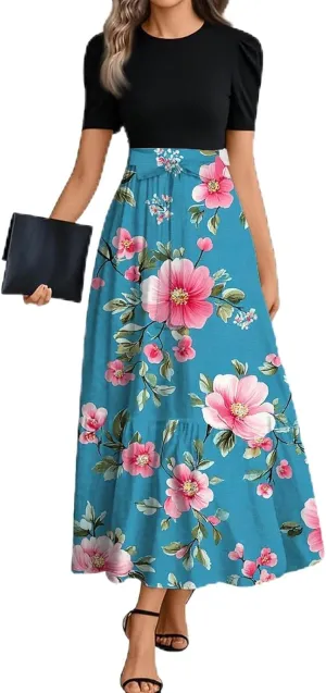 Casual Summer Dresses for Women 2025- Floral Print Short Sleeve Wrap Maxi Dress Patchwork Ruffle Hem A Line Elegant Sundress
