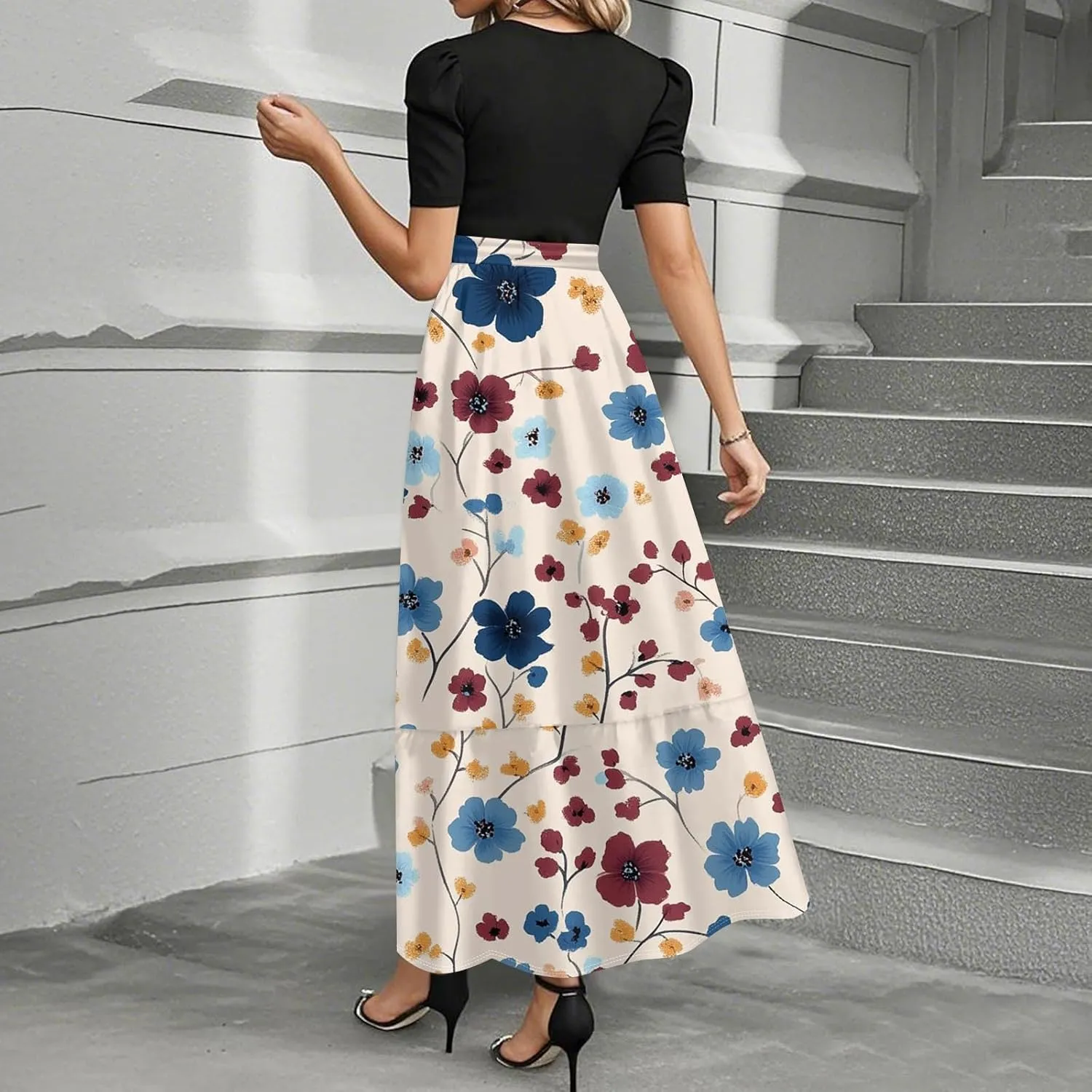 Casual Summer Dresses for Women 2025- Floral Print Short Sleeve Wrap Maxi Dress Patchwork Ruffle Hem A Line Elegant Sundress