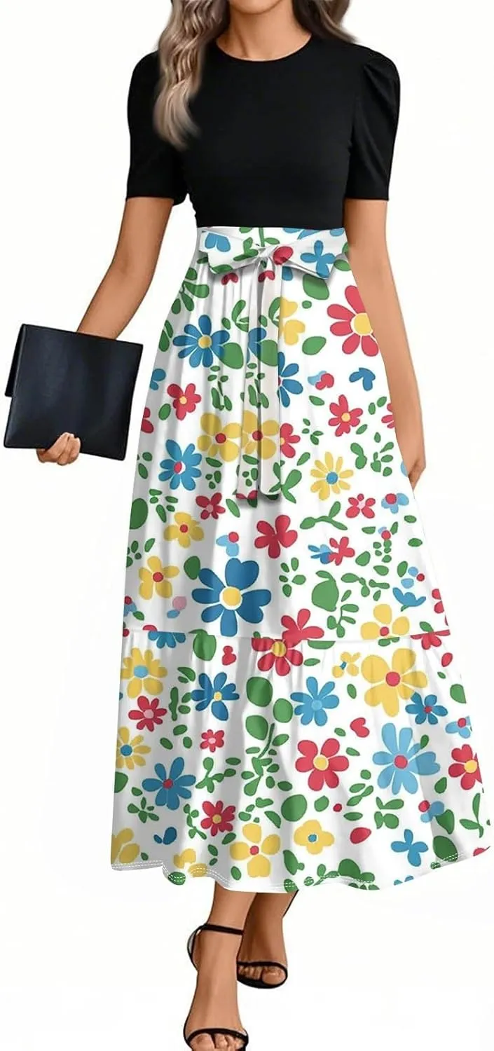 Casual Summer Dresses for Women 2025- Floral Print Short Sleeve Wrap Maxi Dress Patchwork Ruffle Hem A Line Elegant Sundress