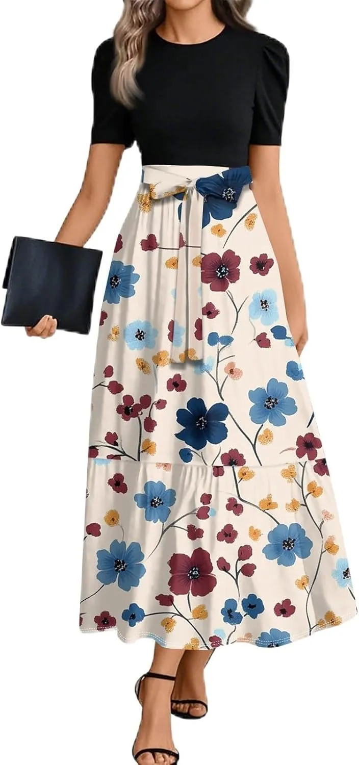 Casual Summer Dresses for Women 2025- Floral Print Short Sleeve Wrap Maxi Dress Patchwork Ruffle Hem A Line Elegant Sundress