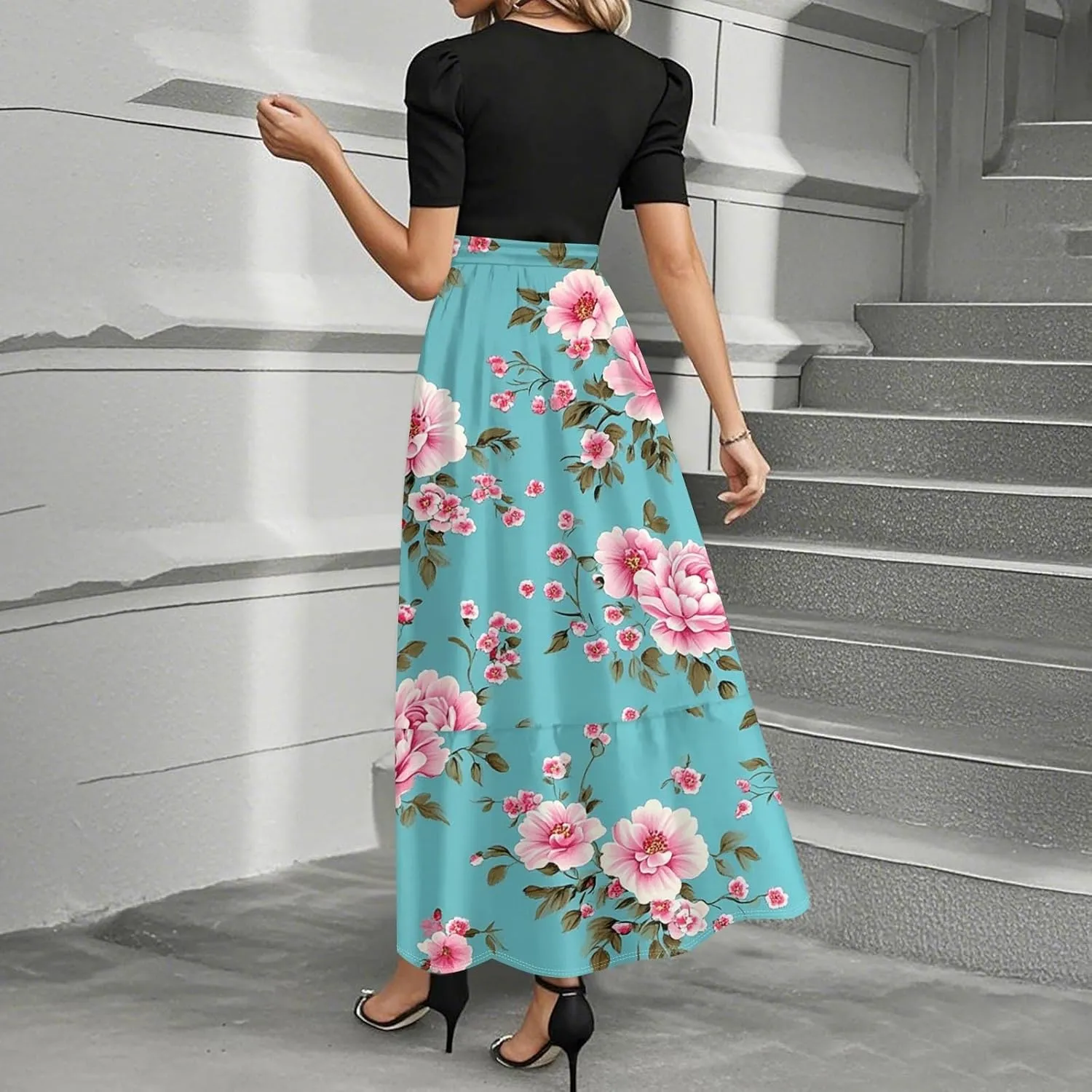 Casual Summer Dresses for Women 2025- Floral Print Short Sleeve Wrap Maxi Dress Patchwork Ruffle Hem A Line Elegant Sundress