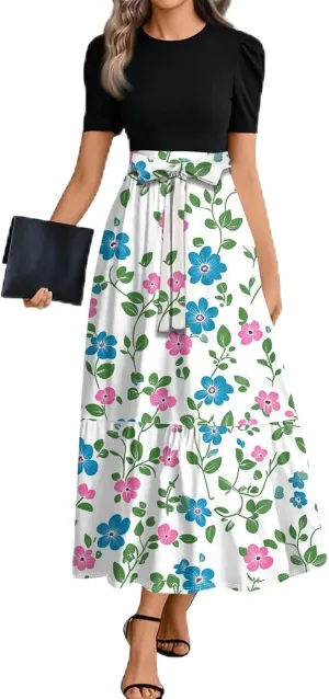 Casual Summer Dresses for Women 2025- Floral Print Short Sleeve Wrap Maxi Dress Patchwork Ruffle Hem A Line Elegant Sundress