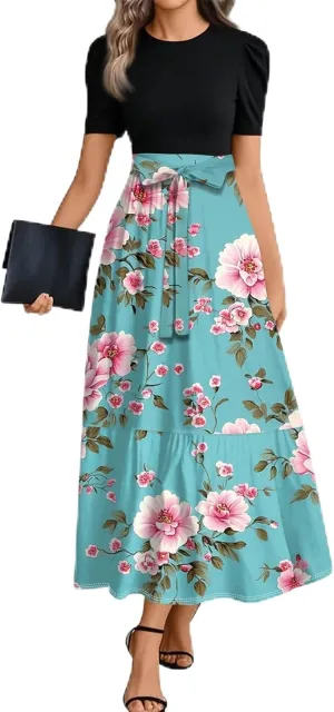 Casual Summer Dresses for Women 2025- Floral Print Short Sleeve Wrap Maxi Dress Patchwork Ruffle Hem A Line Elegant Sundress