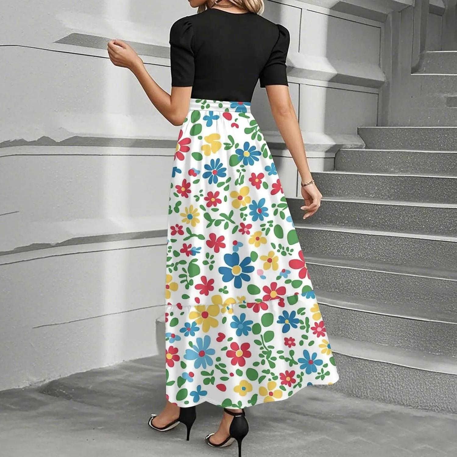 Casual Summer Dresses for Women 2025- Floral Print Short Sleeve Wrap Maxi Dress Patchwork Ruffle Hem A Line Elegant Sundress