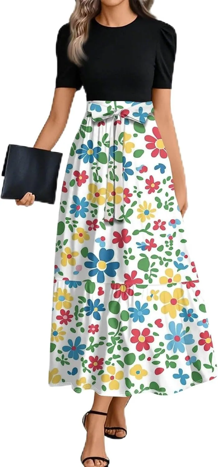 Casual Summer Dresses for Women 2025- Floral Print Short Sleeve Wrap Maxi Dress Patchwork Ruffle Hem A Line Elegant Sundress