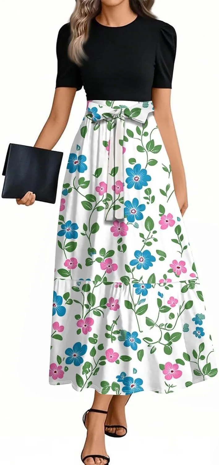 Casual Summer Dresses for Women 2025- Floral Print Short Sleeve Wrap Maxi Dress Patchwork Ruffle Hem A Line Elegant Sundress