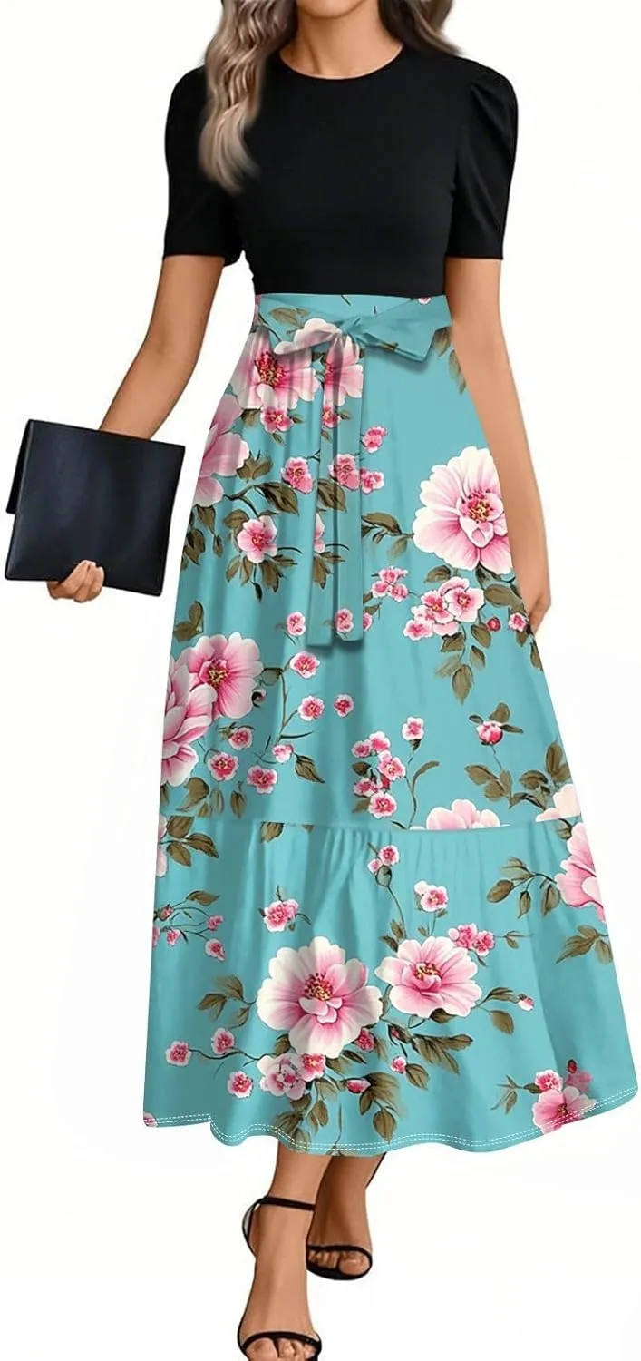 Casual Summer Dresses for Women 2025- Floral Print Short Sleeve Wrap Maxi Dress Patchwork Ruffle Hem A Line Elegant Sundress