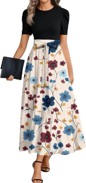 Casual Summer Dresses for Women 2025- Floral Print Short Sleeve Wrap Maxi Dress Patchwork Ruffle Hem A Line Elegant Sundress