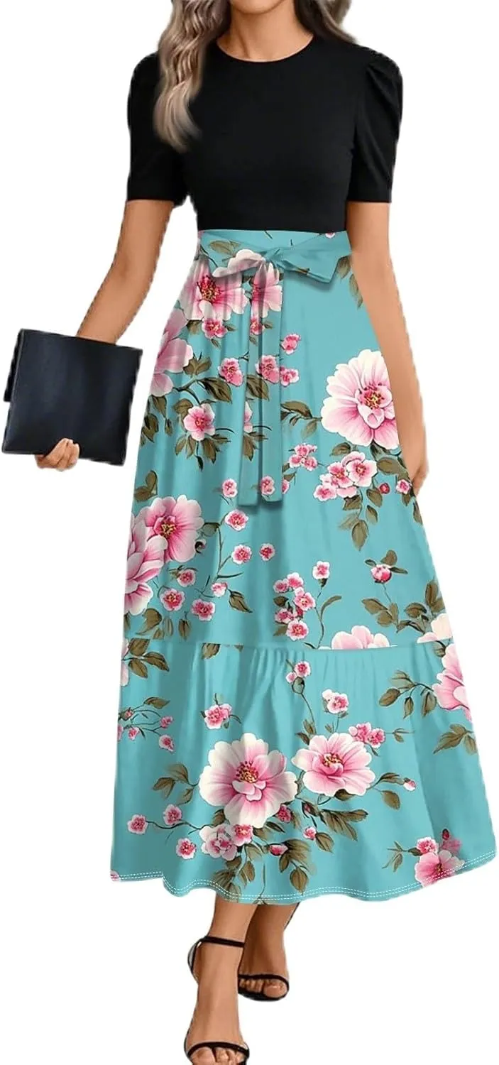 Casual Summer Dresses for Women 2025- Floral Print Short Sleeve Wrap Maxi Dress Patchwork Ruffle Hem A Line Elegant Sundress
