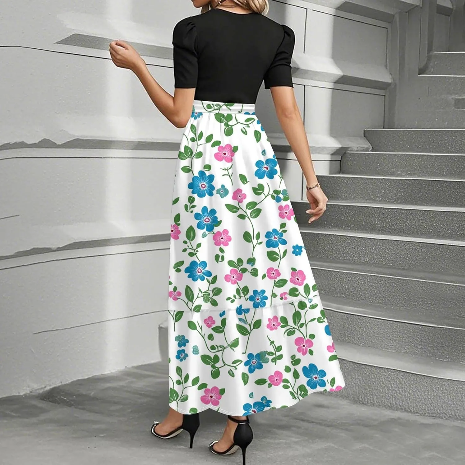 Casual Summer Dresses for Women 2025- Floral Print Short Sleeve Wrap Maxi Dress Patchwork Ruffle Hem A Line Elegant Sundress