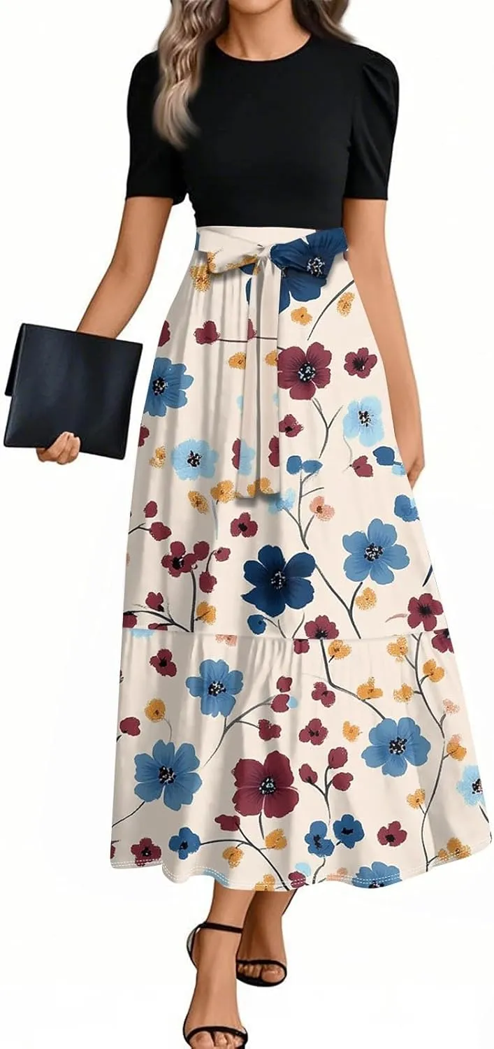 Casual Summer Dresses for Women 2025- Floral Print Short Sleeve Wrap Maxi Dress Patchwork Ruffle Hem A Line Elegant Sundress