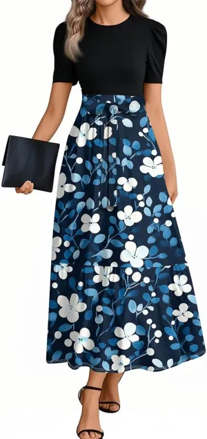 Casual Summer Dresses for Women 2025- Floral Print Short Sleeve Wrap Maxi Dress Patchwork Ruffle Hem A Line Elegant Sundress