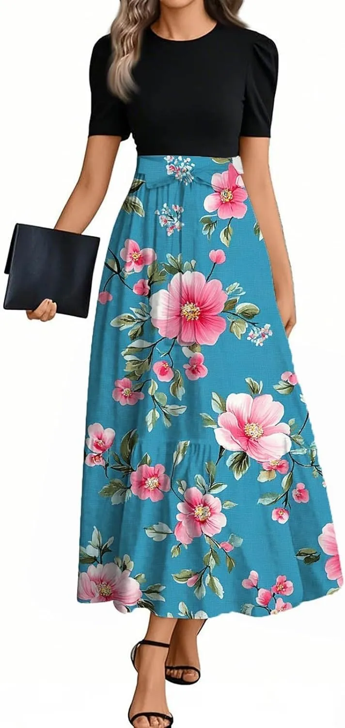 Casual Summer Dresses for Women 2025- Floral Print Short Sleeve Wrap Maxi Dress Patchwork Ruffle Hem A Line Elegant Sundress