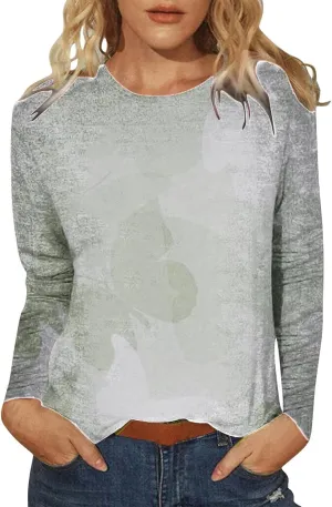 Casual Womens Summer Tops Fall 2024 Long Sleeve Crew Neck T Shirts Flower Printing Loose Pullover Tops Tunic Blouses