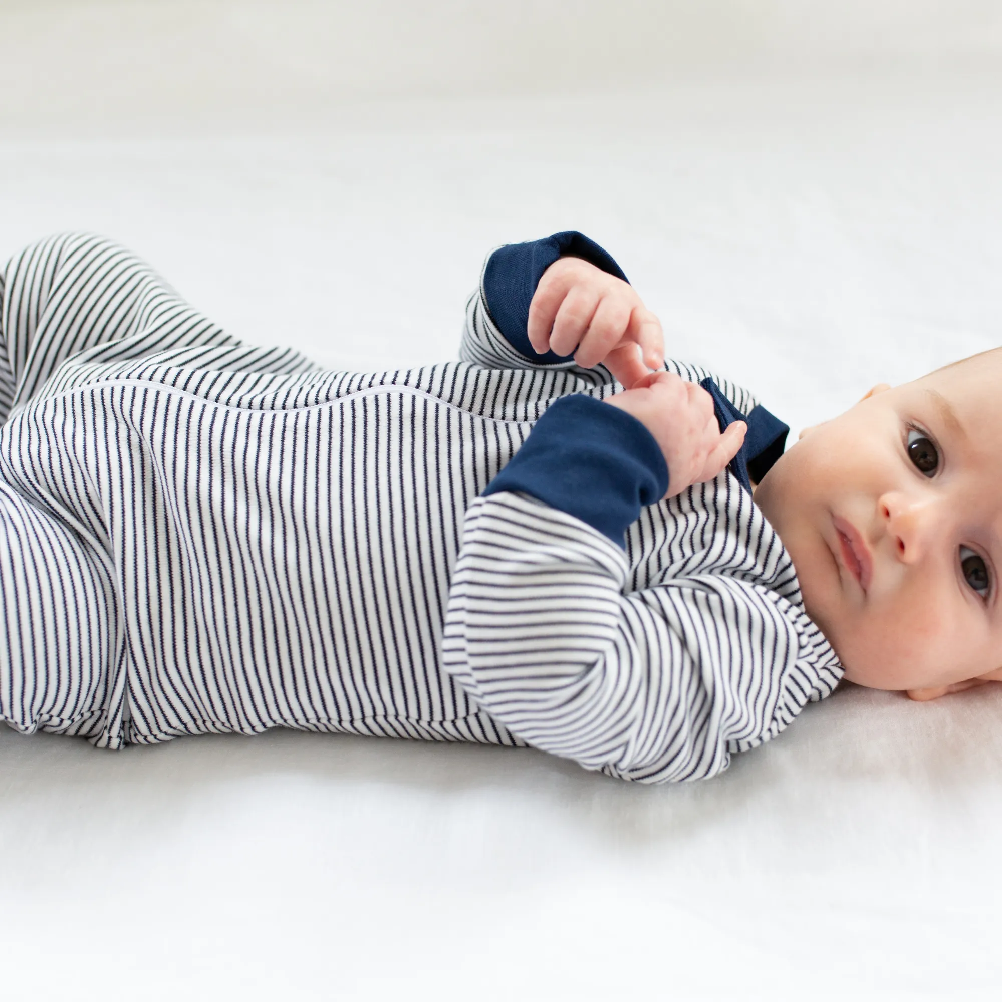 Classic Stripe Zipper Romper in Navy