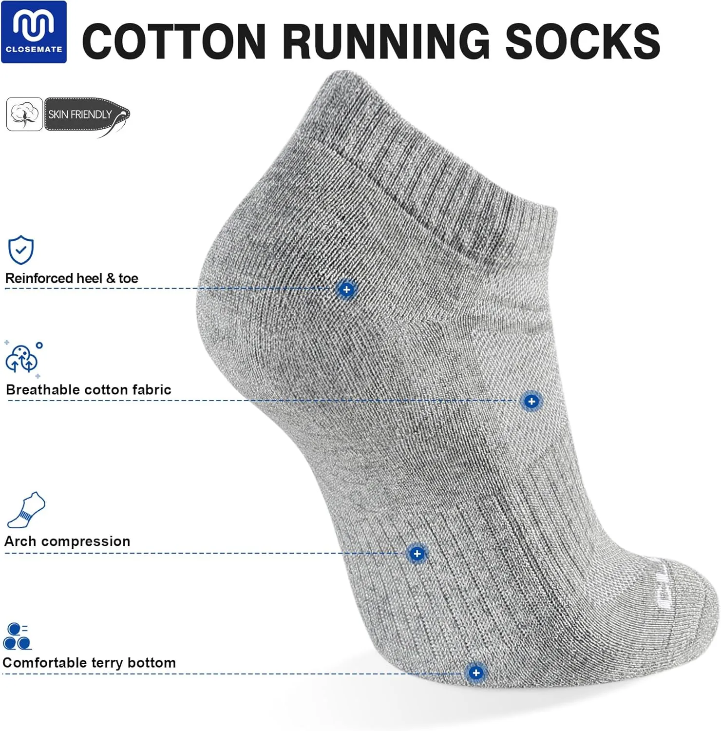 CLOSEMATE Comfortable Cotton Cushioned Ankle Low Cut Socks for Men Women Non Slip and Breathable for Running 6 Pairs