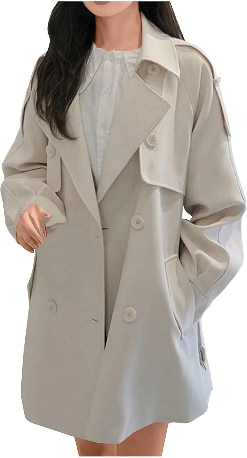Coats for Women Trendy Double Breasted Mid-Long Peacoat Classic Elegant Notched Lapel Collar Trench Coat with Pocket