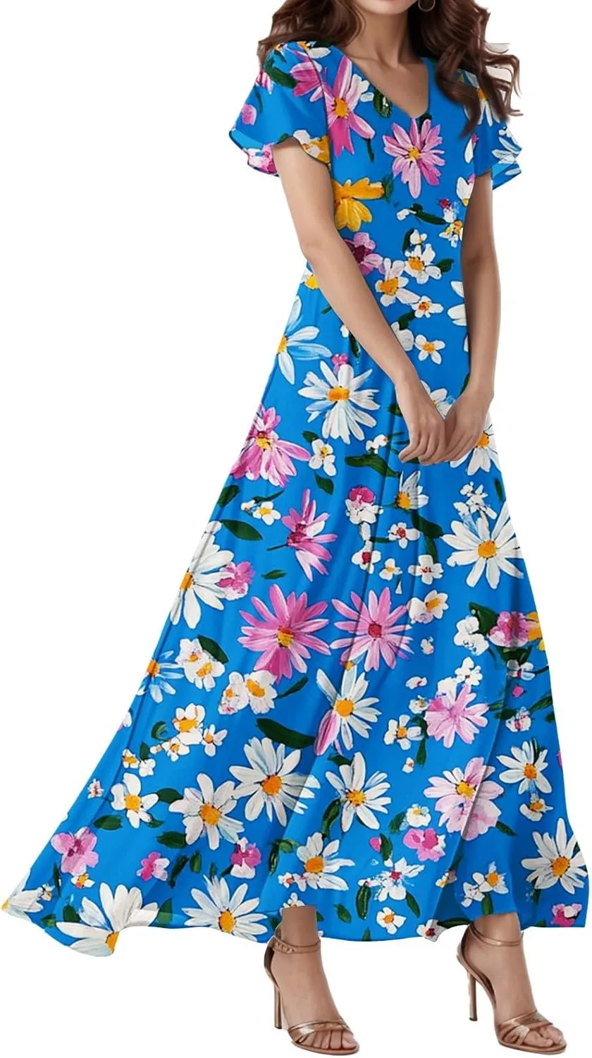 Cocktail Dresses for Women,Flowy Spring Summer Dresses for Women 2025 Wedding Guest Elegant Floral Maxi Dress Short Sleeve