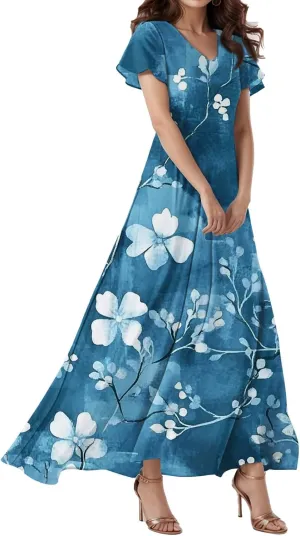 Cocktail Dresses for Women,Flowy Spring Summer Dresses for Women 2025 Wedding Guest Elegant Floral Maxi Dress Short Sleeve