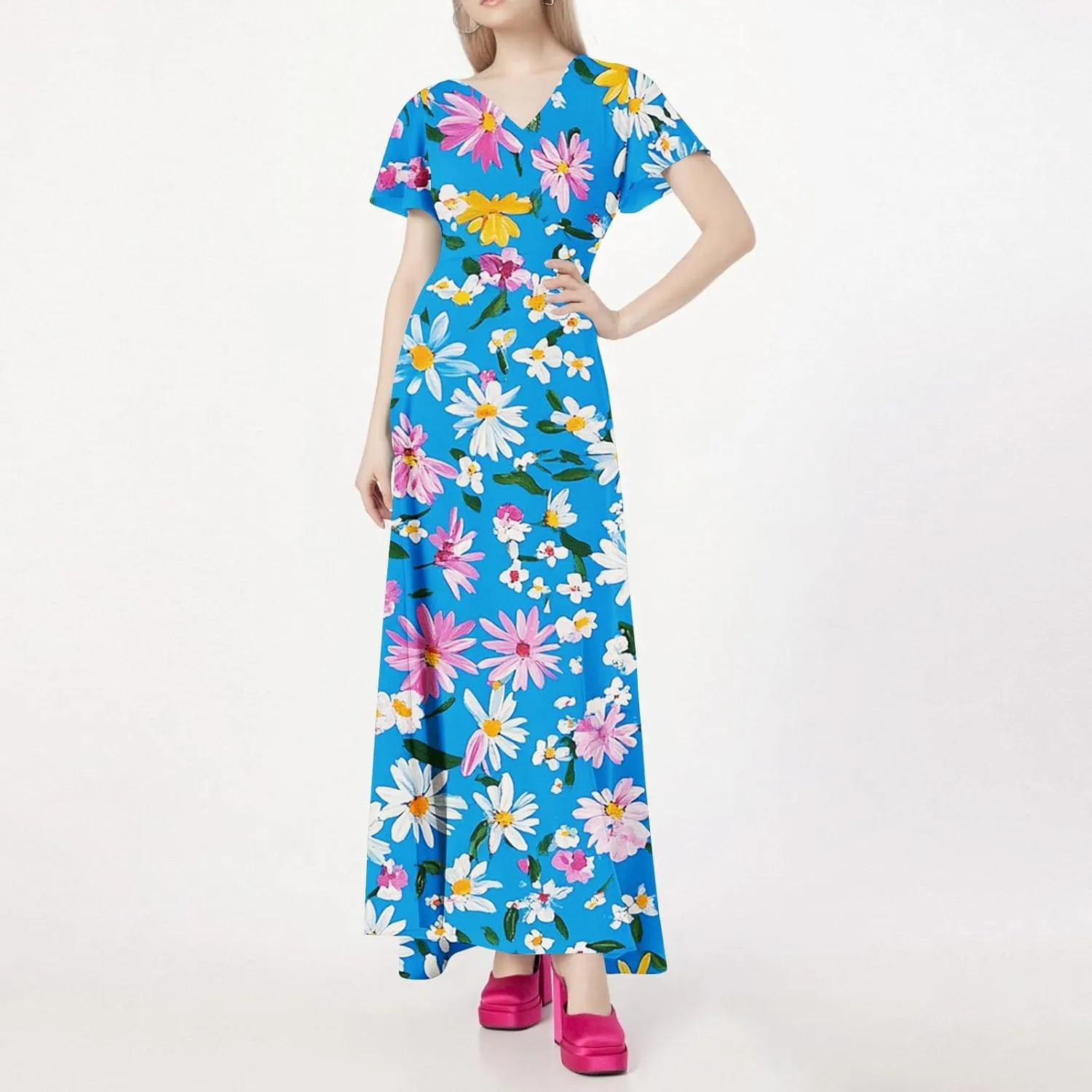 Cocktail Dresses for Women,Flowy Spring Summer Dresses for Women 2025 Wedding Guest Elegant Floral Maxi Dress Short Sleeve