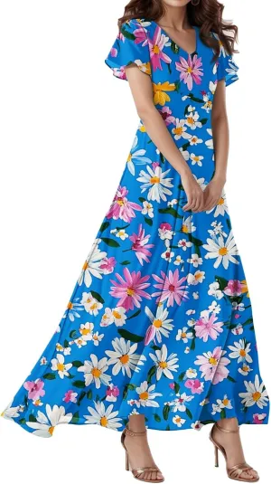 Cocktail Dresses for Women,Flowy Spring Summer Dresses for Women 2025 Wedding Guest Elegant Floral Maxi Dress Short Sleeve